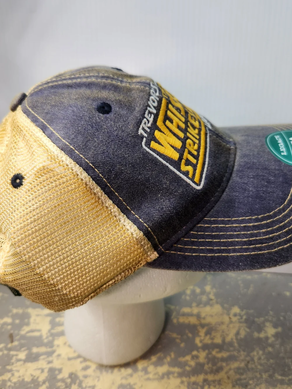 The Whiskey Strikes Back Embroidered Trucker Hat - Navy & Tan Distrested